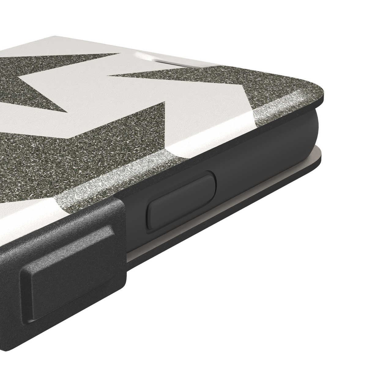 Glitter Star, overlapping glitter stars in pewter grey on white, wallet case, volume buttons detail, phone case by Caselier