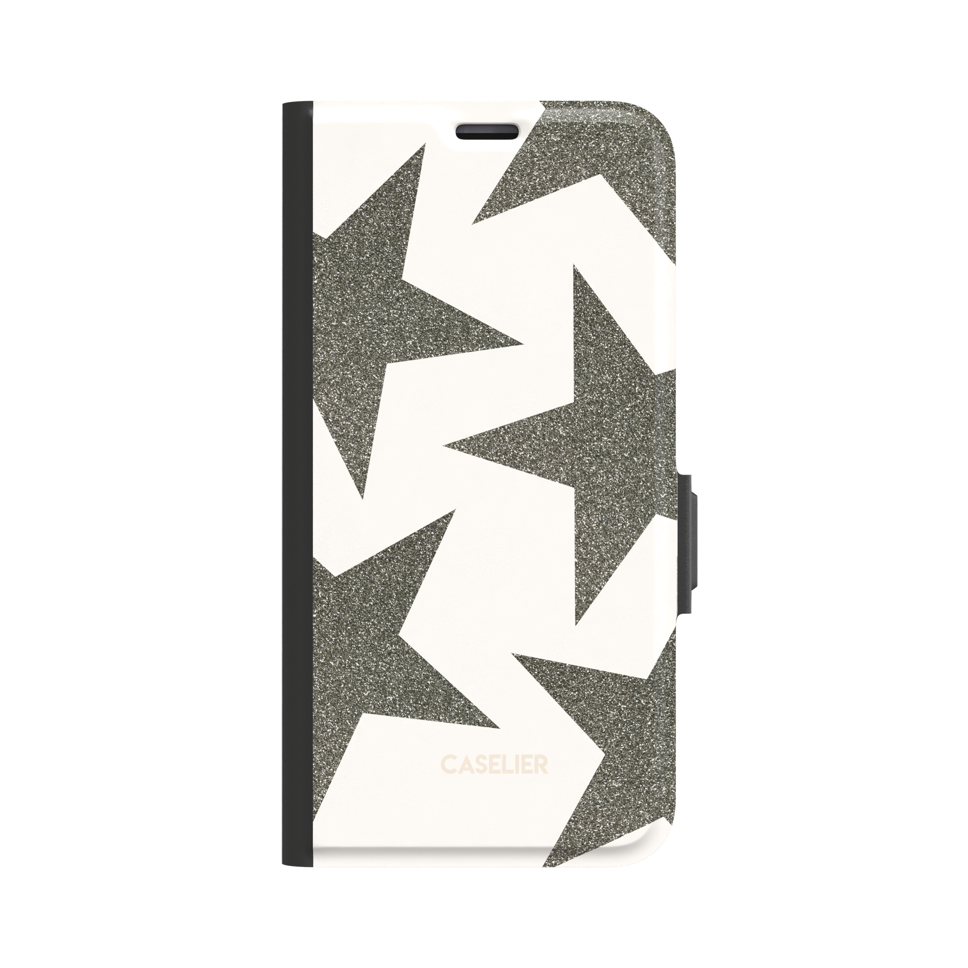 Front view of a folio wallet phone case featuring oversized silver-grey glitter stars on a cream background, black spine and magnetic clasp visible, white background, phone case by Caselier - wallet case, front view | Caselier
