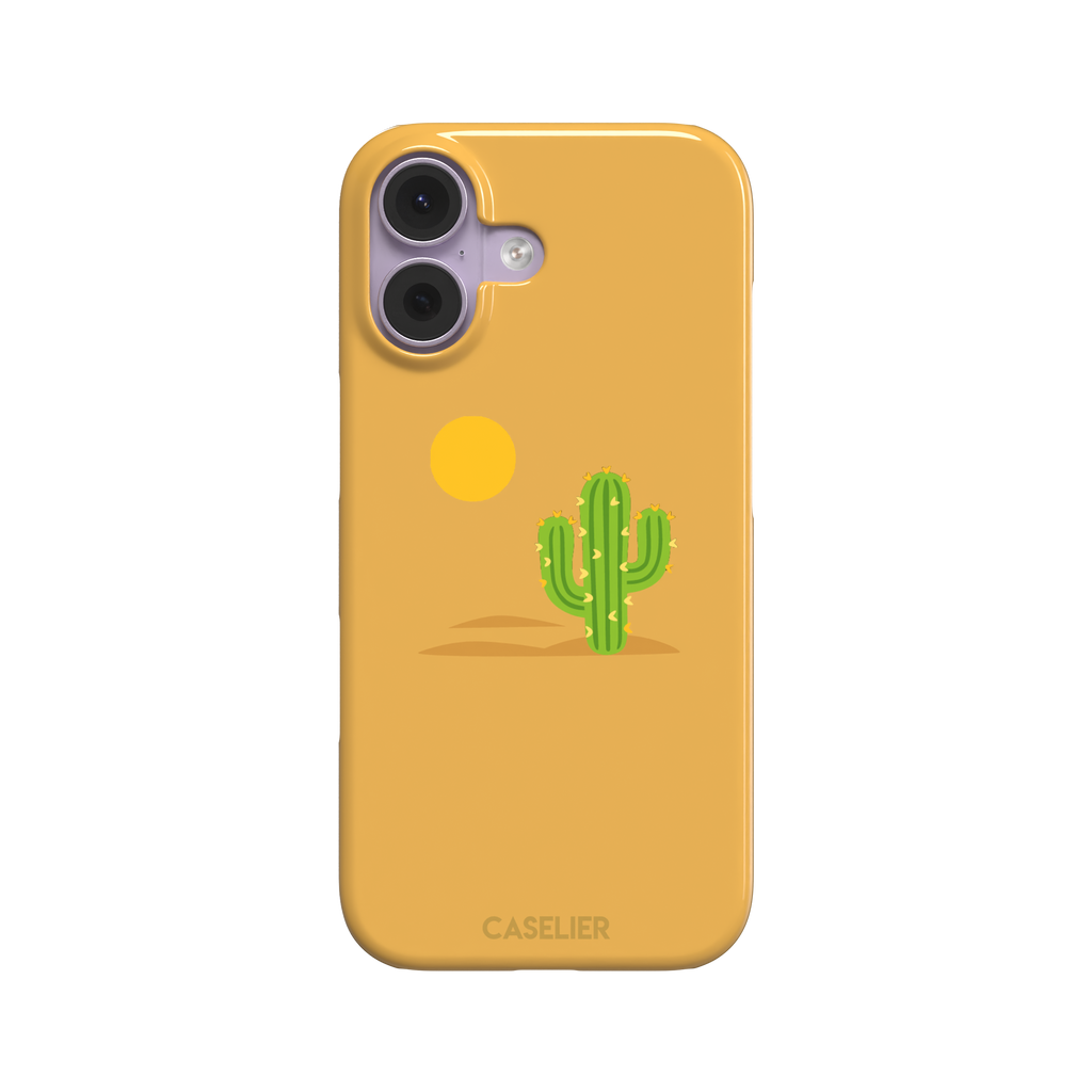 Gobi Desert phone case in warm amber with a minimalist green cactus and golden sun illustration, phone case by Caselier — snap case, front view