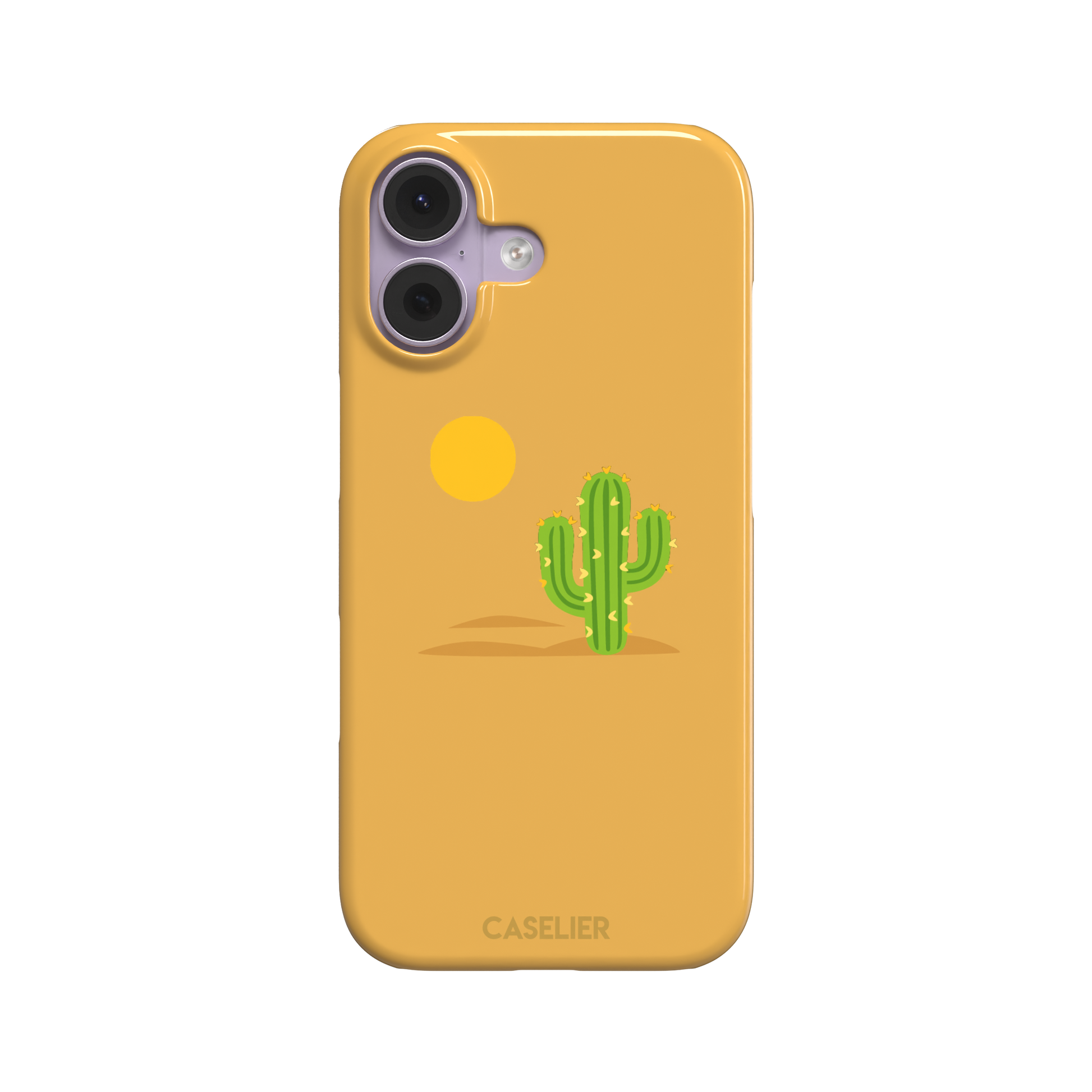 Gobi Desert phone case in warm amber with a minimalist green cactus and golden sun illustration, phone case by Caselier — snap case, front view