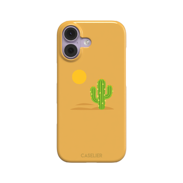 Gobi Desert phone case in warm amber with a minimalist green cactus and golden sun illustration, phone case by Caselier — snap case, front view