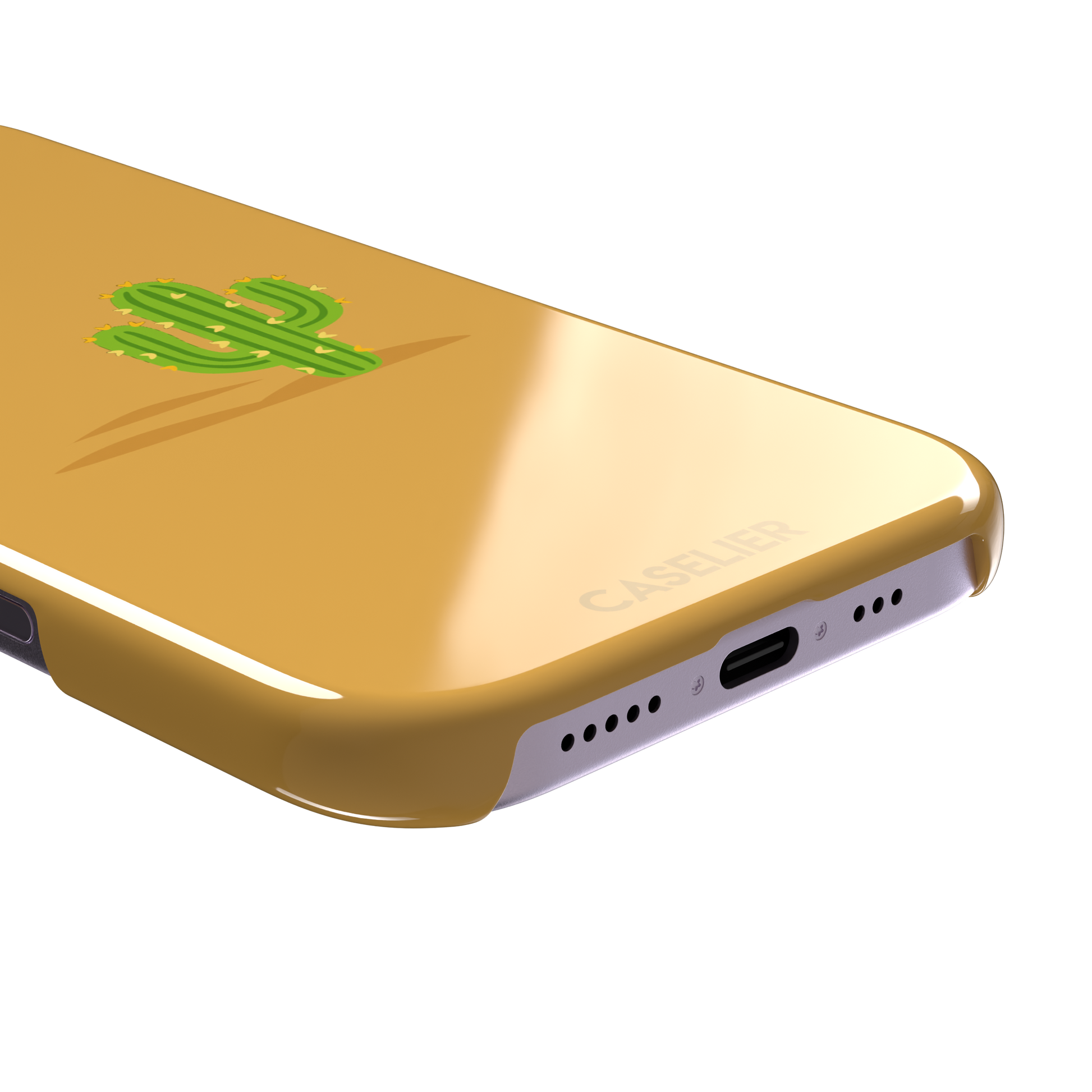 Gobi Desert phone case in warm amber with a minimalist green cactus and golden sun illustration, phone case by Caselier — snap case, charging port detail