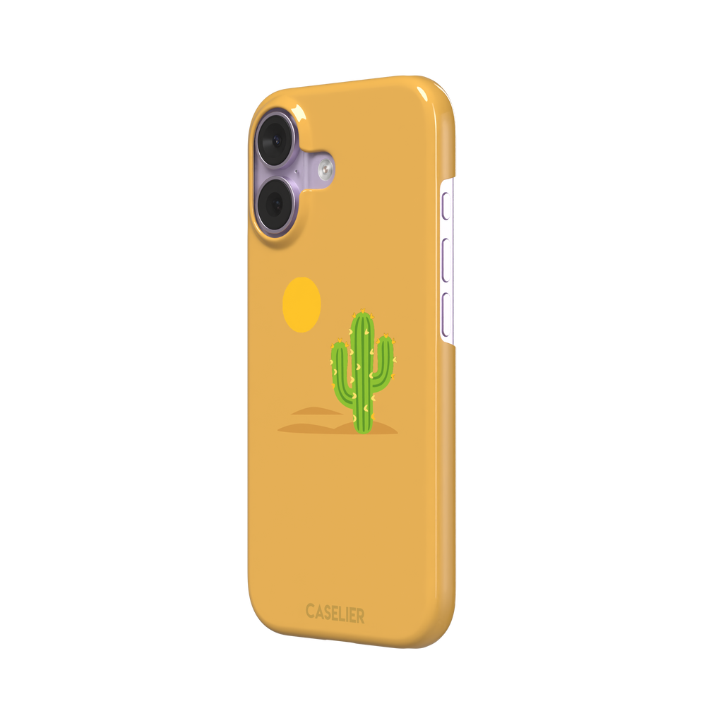 Gobi Desert phone case in warm amber with a minimalist green cactus and golden sun illustration, phone case by Caselier — snap case, right view