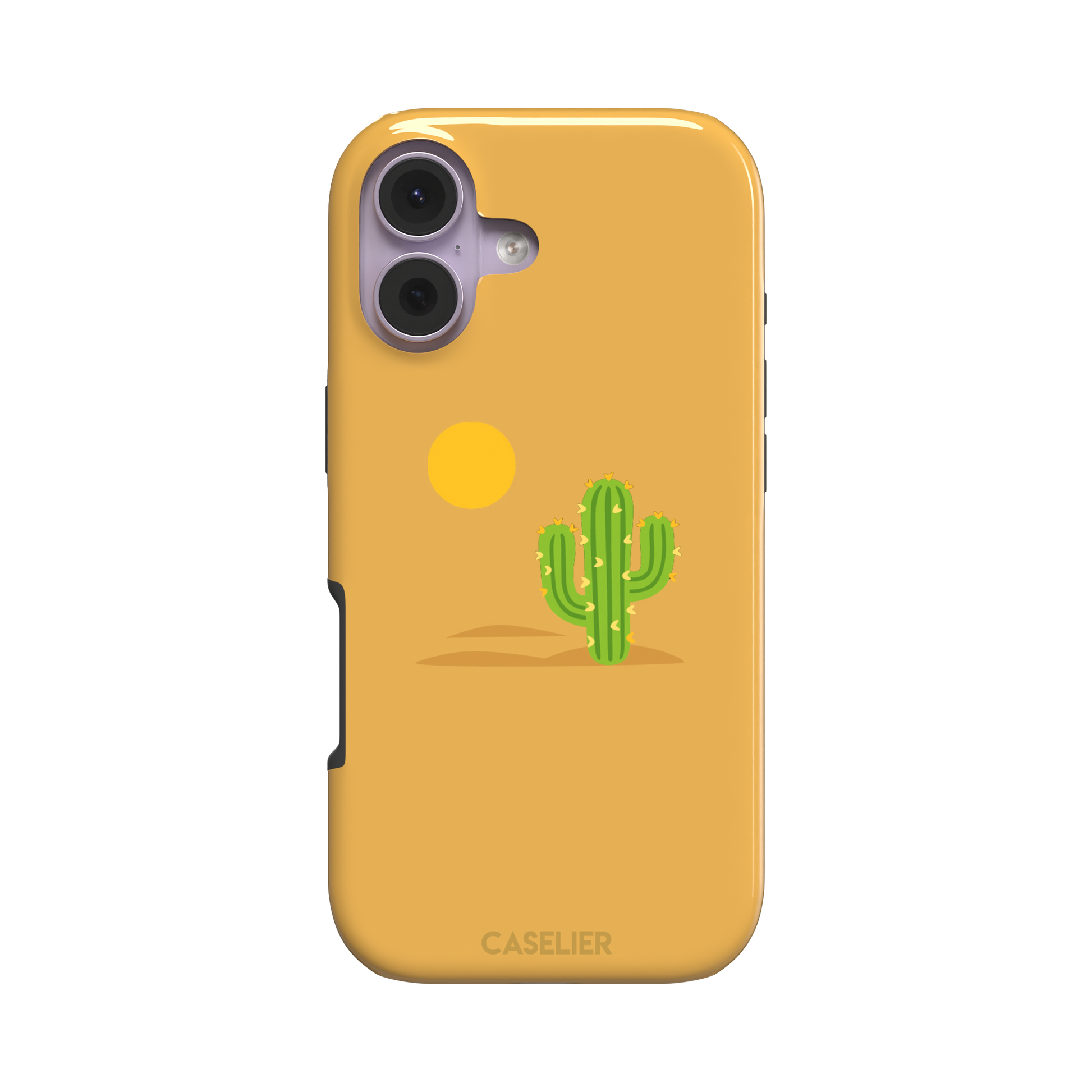 Gobi Desert phone case in warm amber with a minimalist green cactus and golden sun illustration, phone case by Caselier — tough case, front view