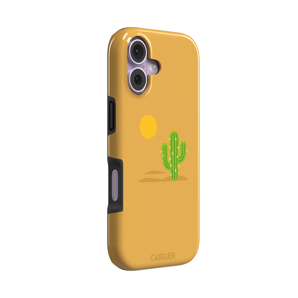 Gobi Desert phone case in warm amber with a minimalist green cactus and golden sun illustration, phone case by Caselier — tough case, left view