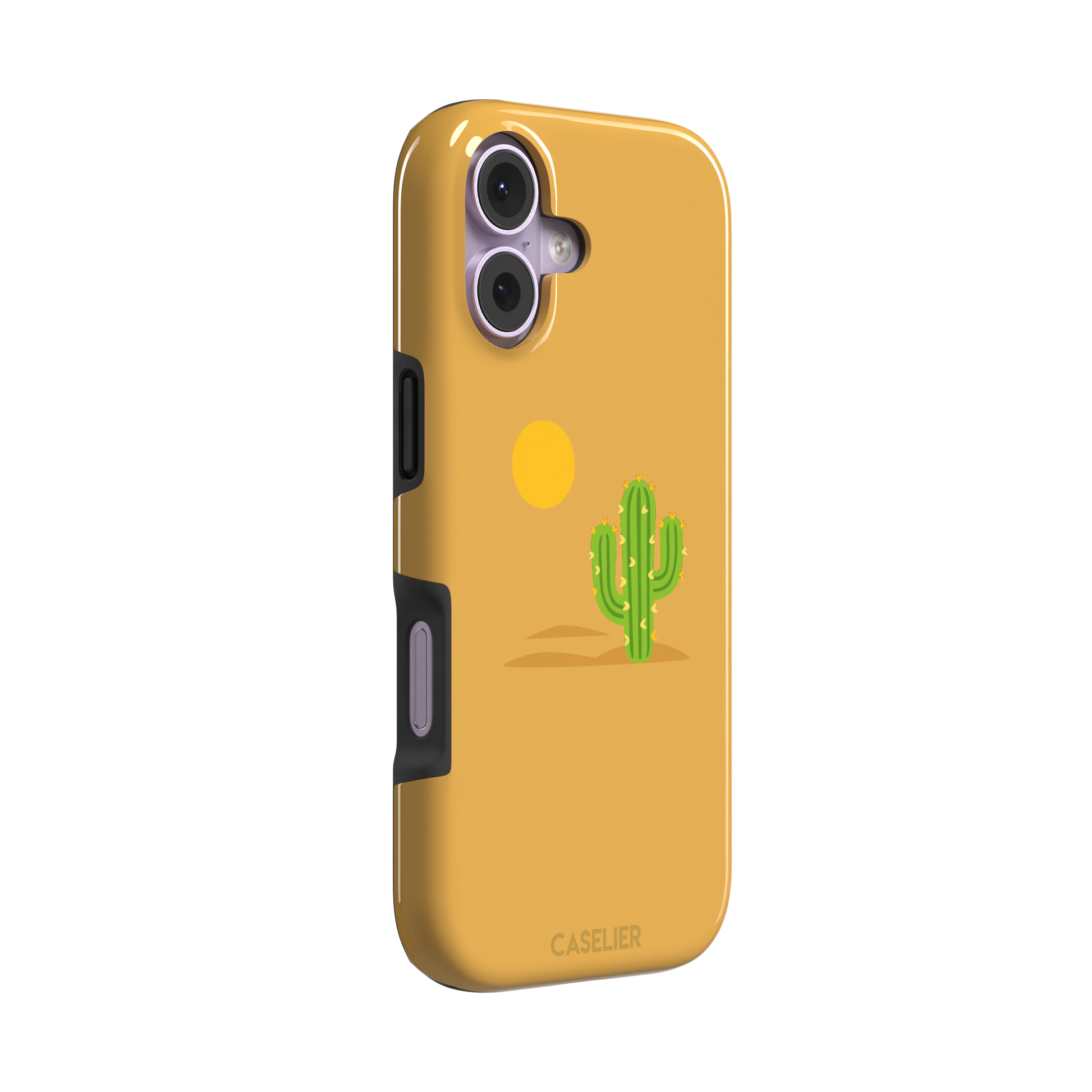 Gobi Desert phone case in warm amber with a minimalist green cactus and golden sun illustration, phone case by Caselier — tough case, left view