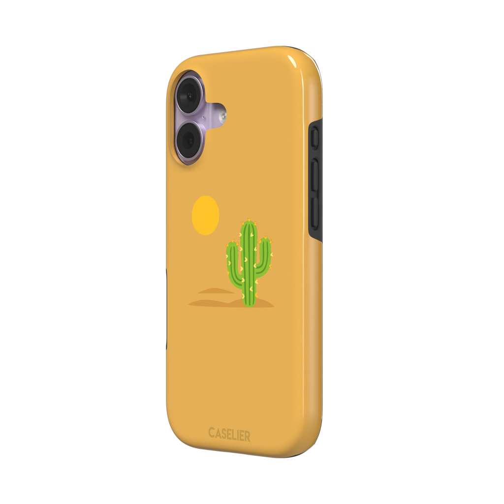 Gobi Desert phone case in warm amber with a minimalist green cactus and golden sun illustration, phone case by Caselier — tough case, right view