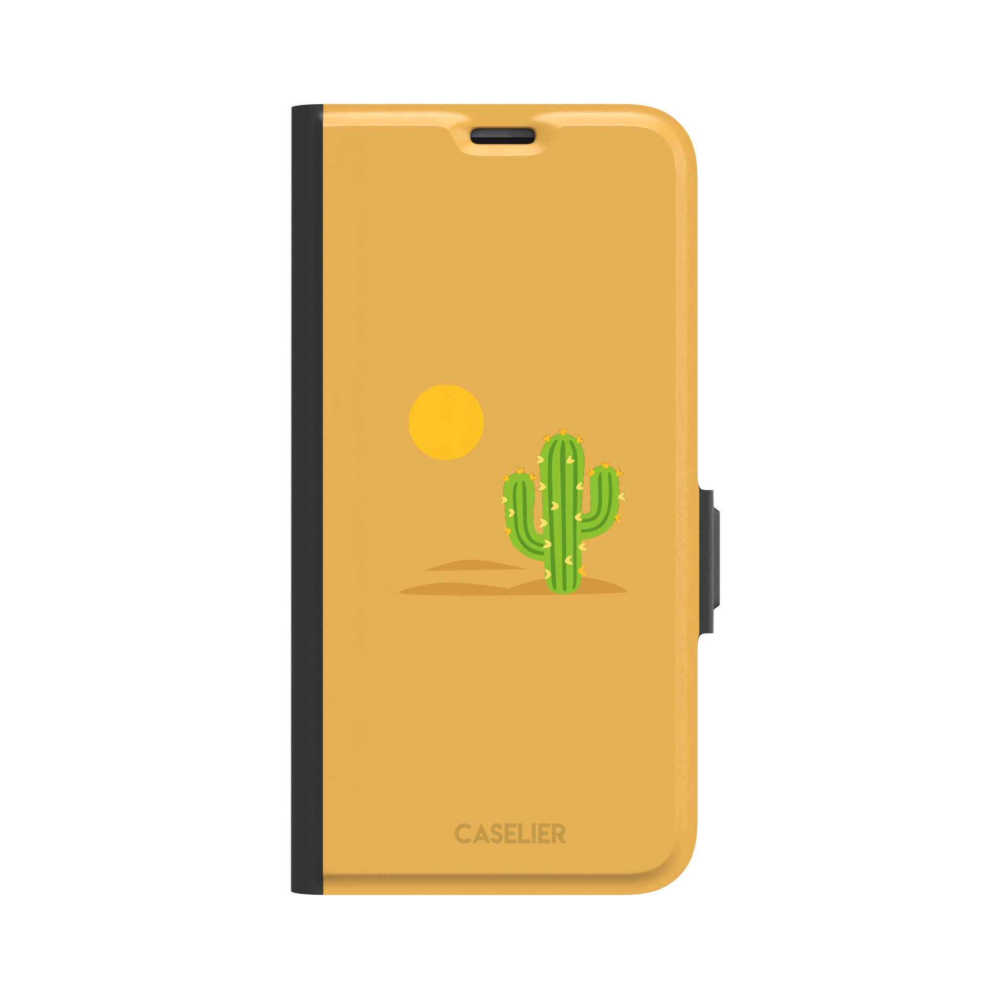 Gobi Desert phone case in warm amber with a minimalist green cactus and golden sun illustration, phone case by Caselier — wallet case, front view