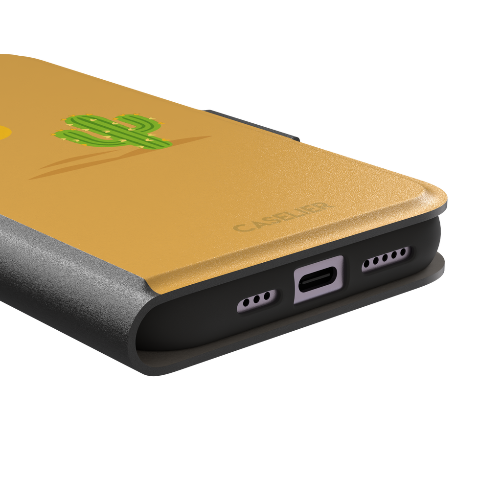 Gobi Desert phone case in warm amber with a minimalist green cactus and golden sun illustration, phone case by Caselier — wallet case, charging port detail