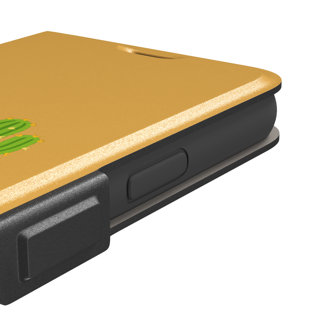 Gobi Desert phone case in warm amber with a minimalist green cactus and golden sun illustration, phone case by Caselier — wallet case, volume buttons detail