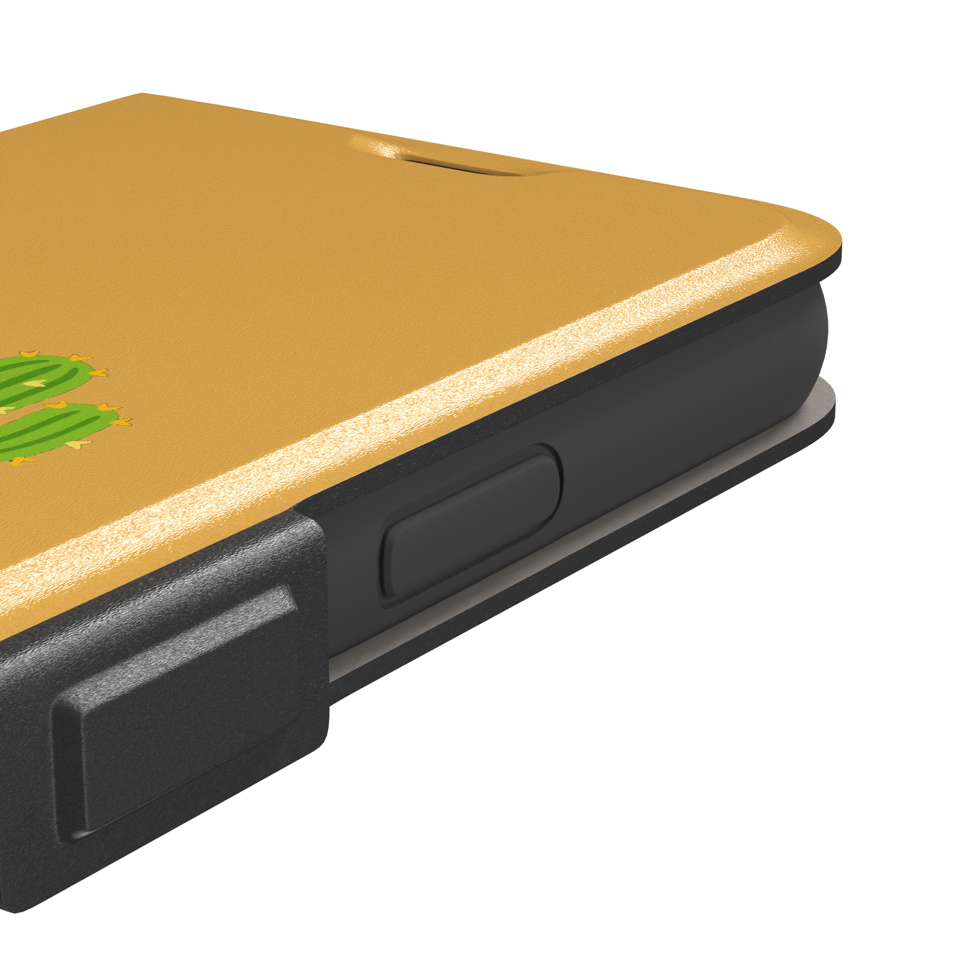 Gobi Desert phone case in warm amber with a minimalist green cactus and golden sun illustration, phone case by Caselier — wallet case, volume buttons detail