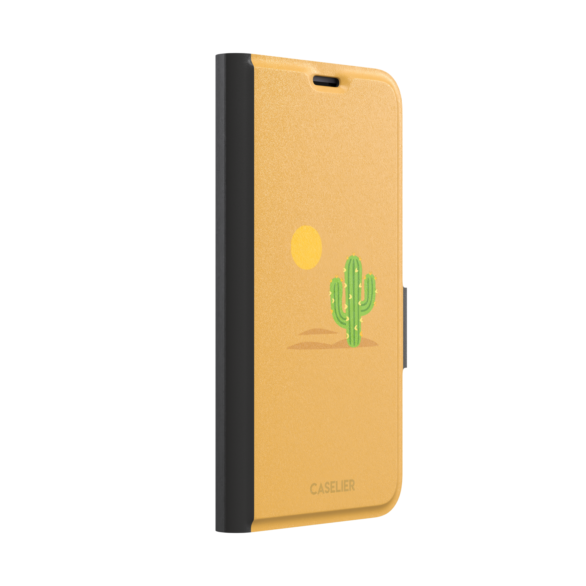 Gobi Desert phone case in warm amber with a minimalist green cactus and golden sun illustration, phone case by Caselier — wallet case, left view