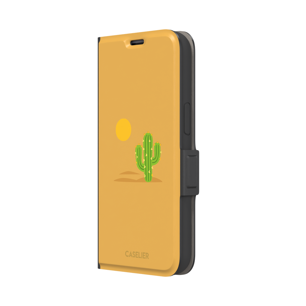 Gobi Desert phone case in warm amber with a minimalist green cactus and golden sun illustration, phone case by Caselier — wallet case, right view