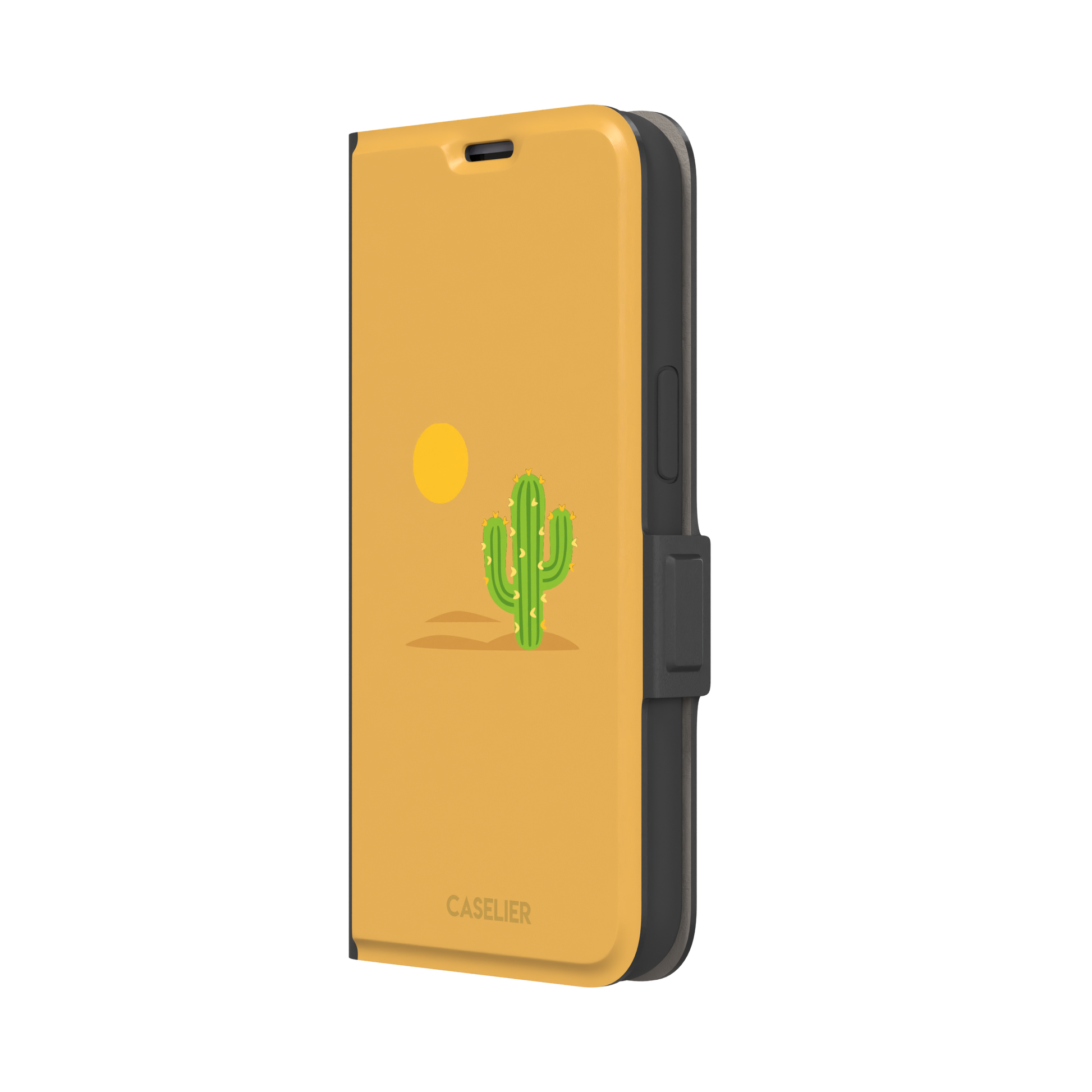 Gobi Desert phone case in warm amber with a minimalist green cactus and golden sun illustration, phone case by Caselier — wallet case, right view