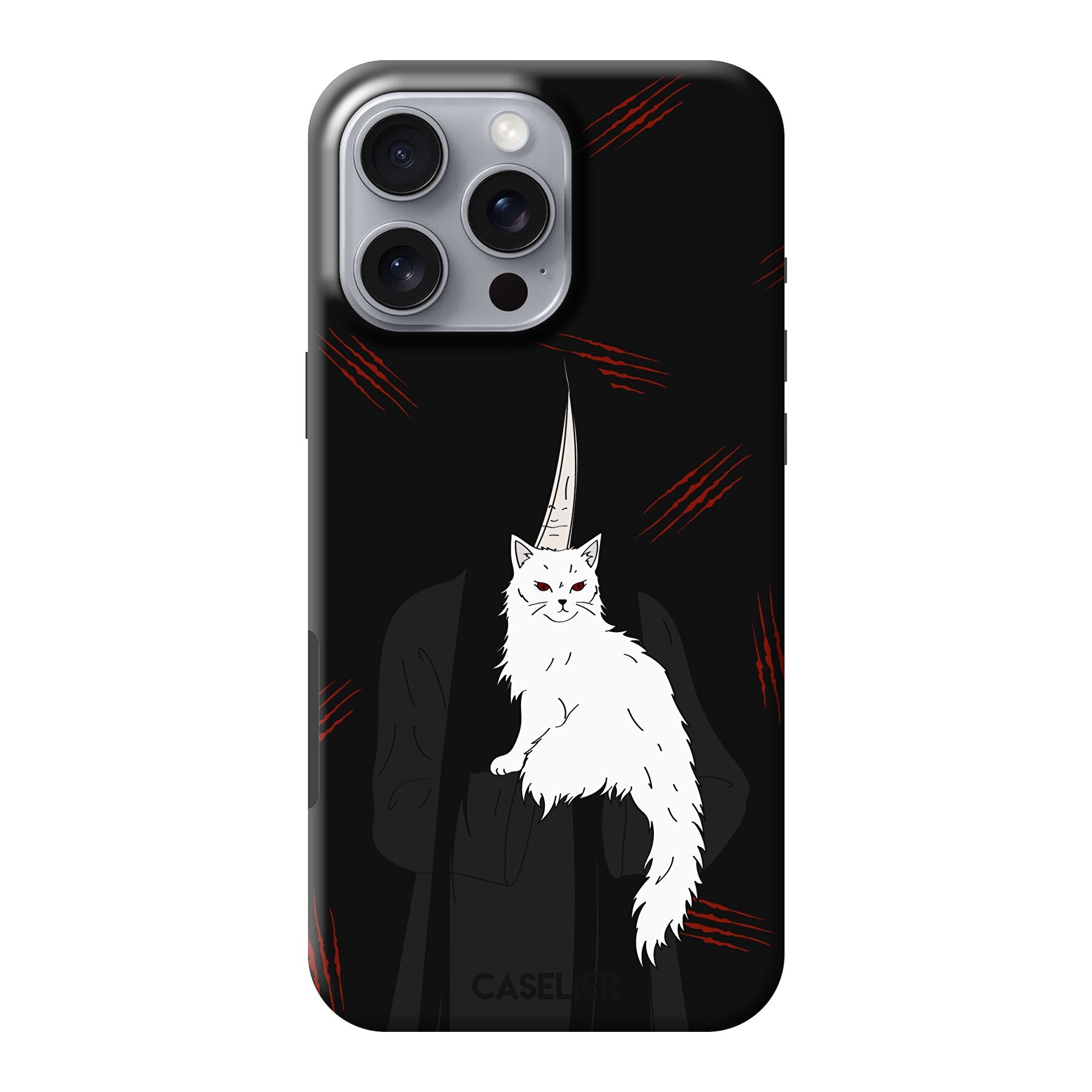 Phone case with a cat and a man and scratch marks on a black background 