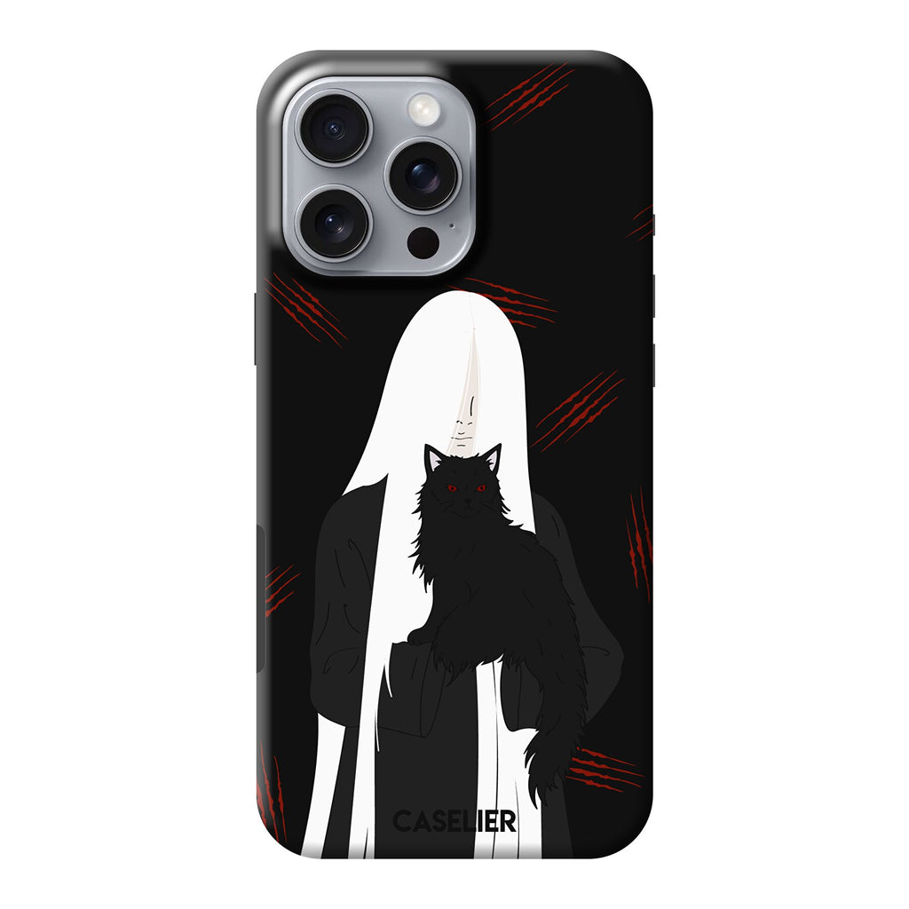 Phone case with a cat and a man and scratch marks on a black background 