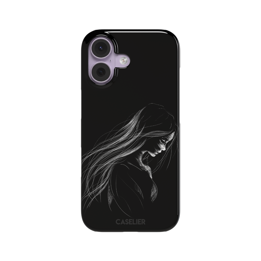 Black phone case with a delicate white line-art illustration of a woman with long flowing hair, head bowed in a contemplative pose, phone case by Caselier — snap case, front view