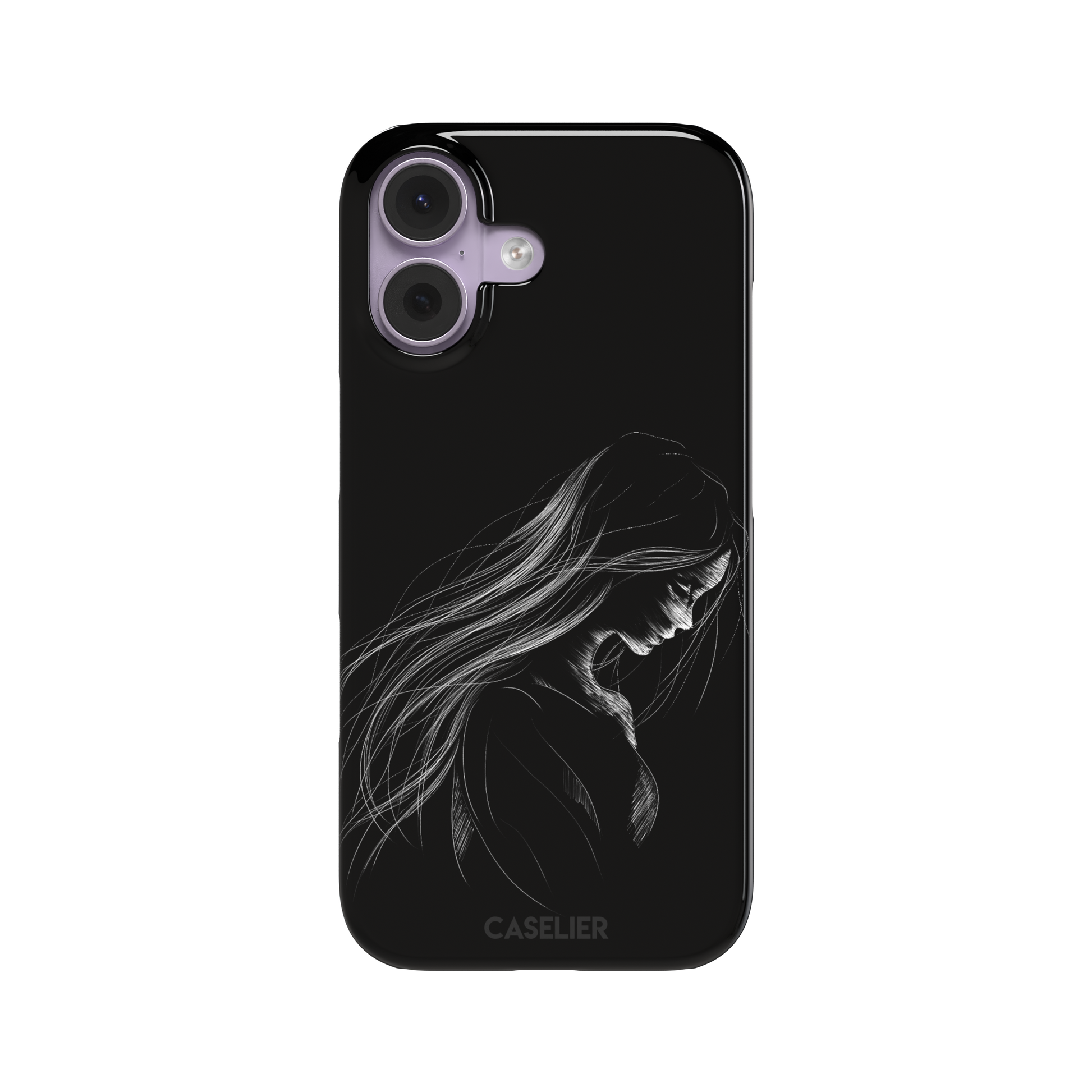Black phone case with a delicate white line-art illustration of a woman with long flowing hair, head bowed in a contemplative pose, phone case by Caselier — snap case, front view