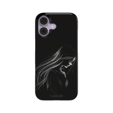 Black phone case with a delicate white line-art illustration of a woman with long flowing hair, head bowed in a contemplative pose, phone case by Caselier — snap case, front view