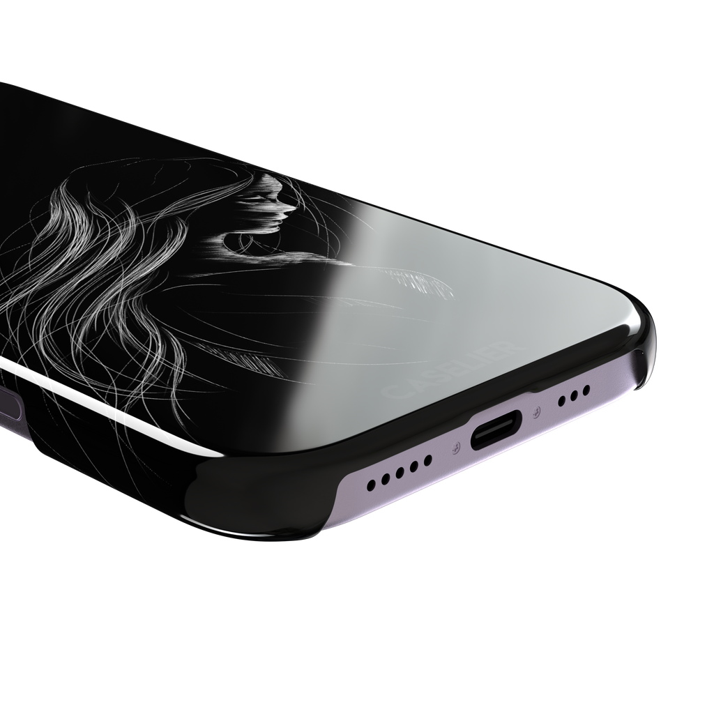 Black phone case with a delicate white line-art illustration of a woman with long flowing hair, head bowed in a contemplative pose, phone case by Caselier — snap case, charging port detail