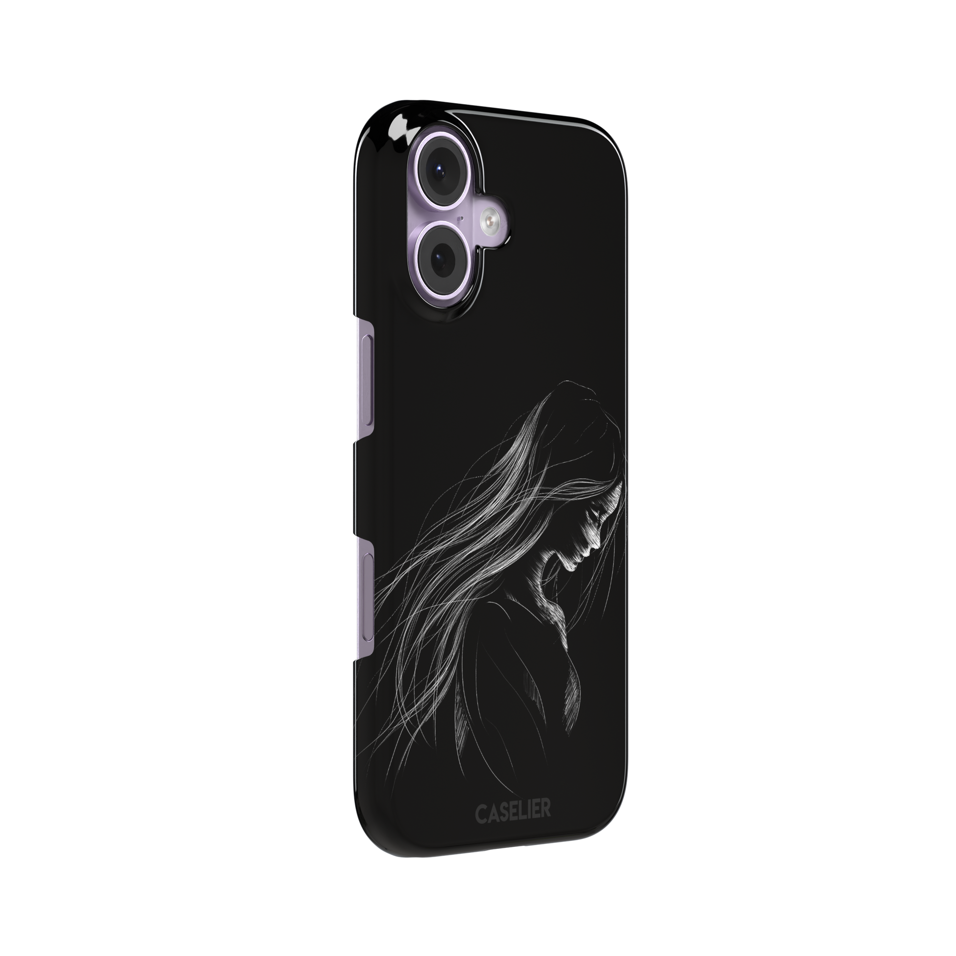Black phone case with a delicate white line-art illustration of a woman with long flowing hair, head bowed in a contemplative pose, phone case by Caselier — snap case, left view