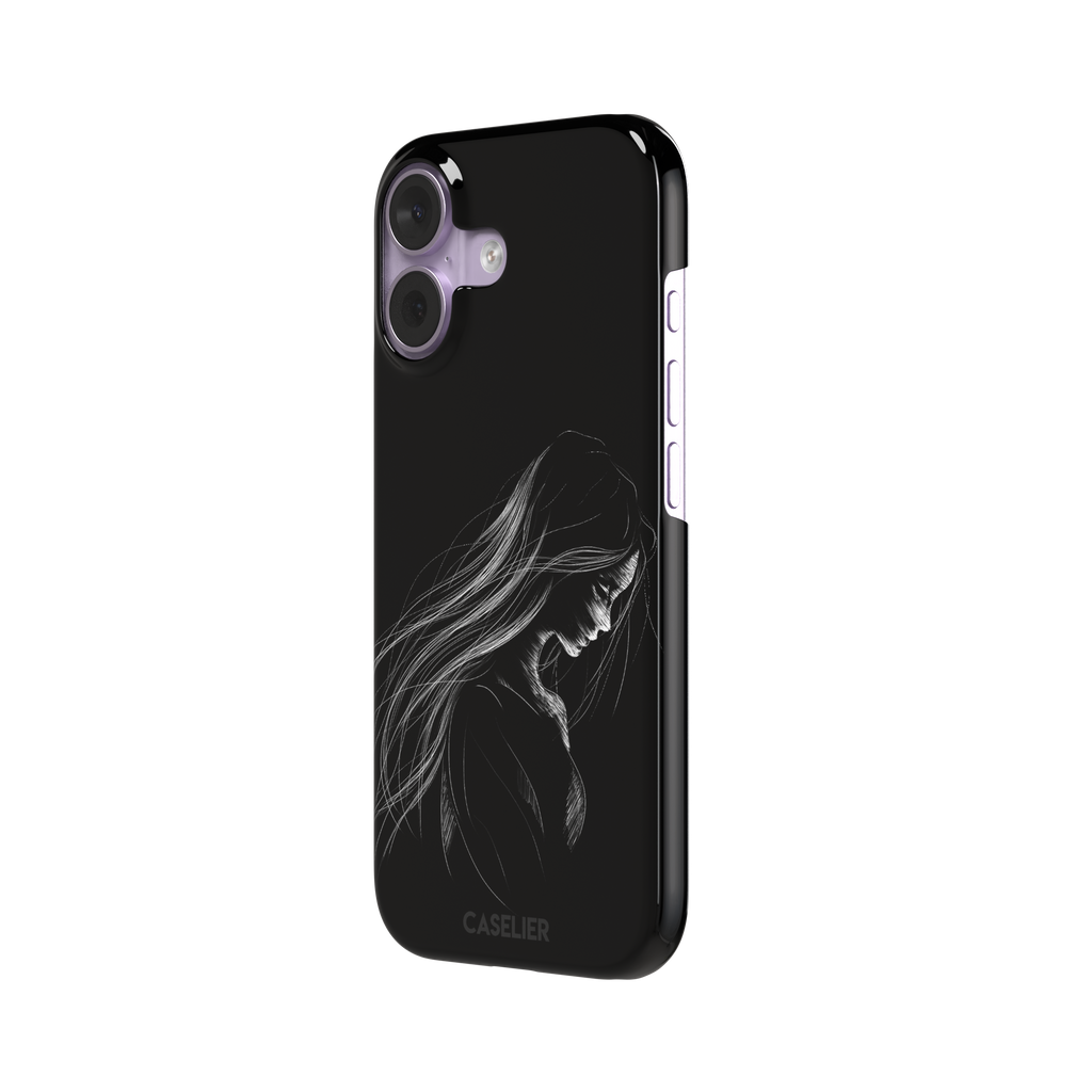 Black phone case with a delicate white line-art illustration of a woman with long flowing hair, head bowed in a contemplative pose, phone case by Caselier — snap case, right view