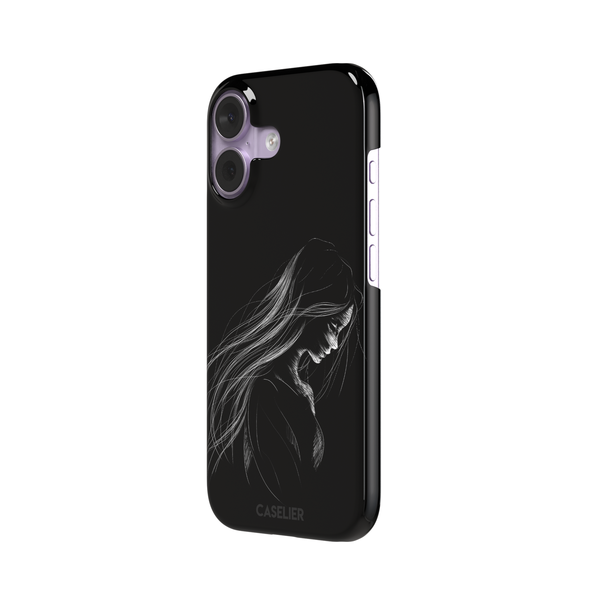 Black phone case with a delicate white line-art illustration of a woman with long flowing hair, head bowed in a contemplative pose, phone case by Caselier — snap case, right view