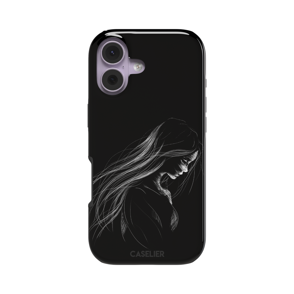 Black phone case with a delicate white line-art illustration of a woman with long flowing hair, head bowed in a contemplative pose, phone case by Caselier — tough case, front view