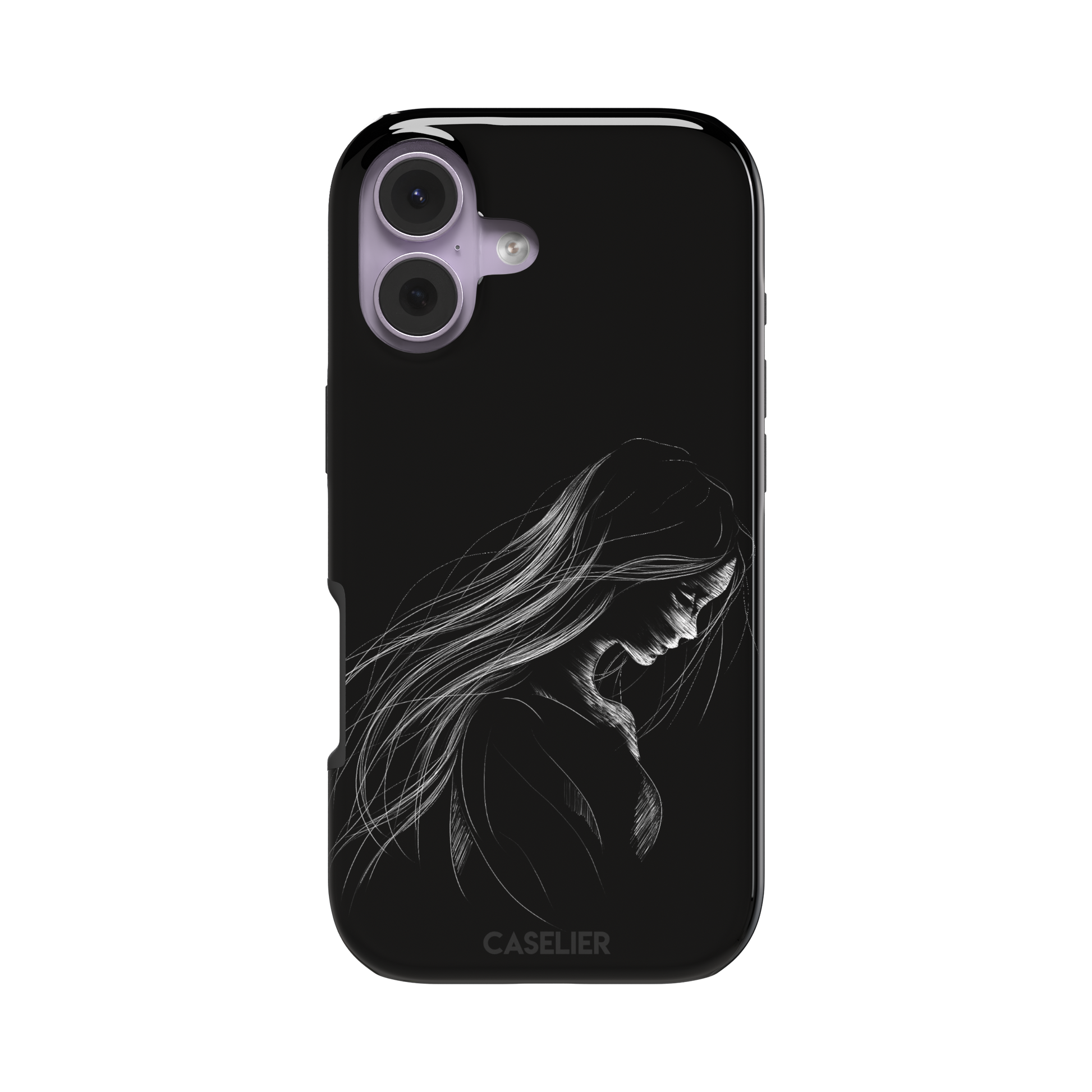 Black phone case with a delicate white line-art illustration of a woman with long flowing hair, head bowed in a contemplative pose, phone case by Caselier — tough case, front view