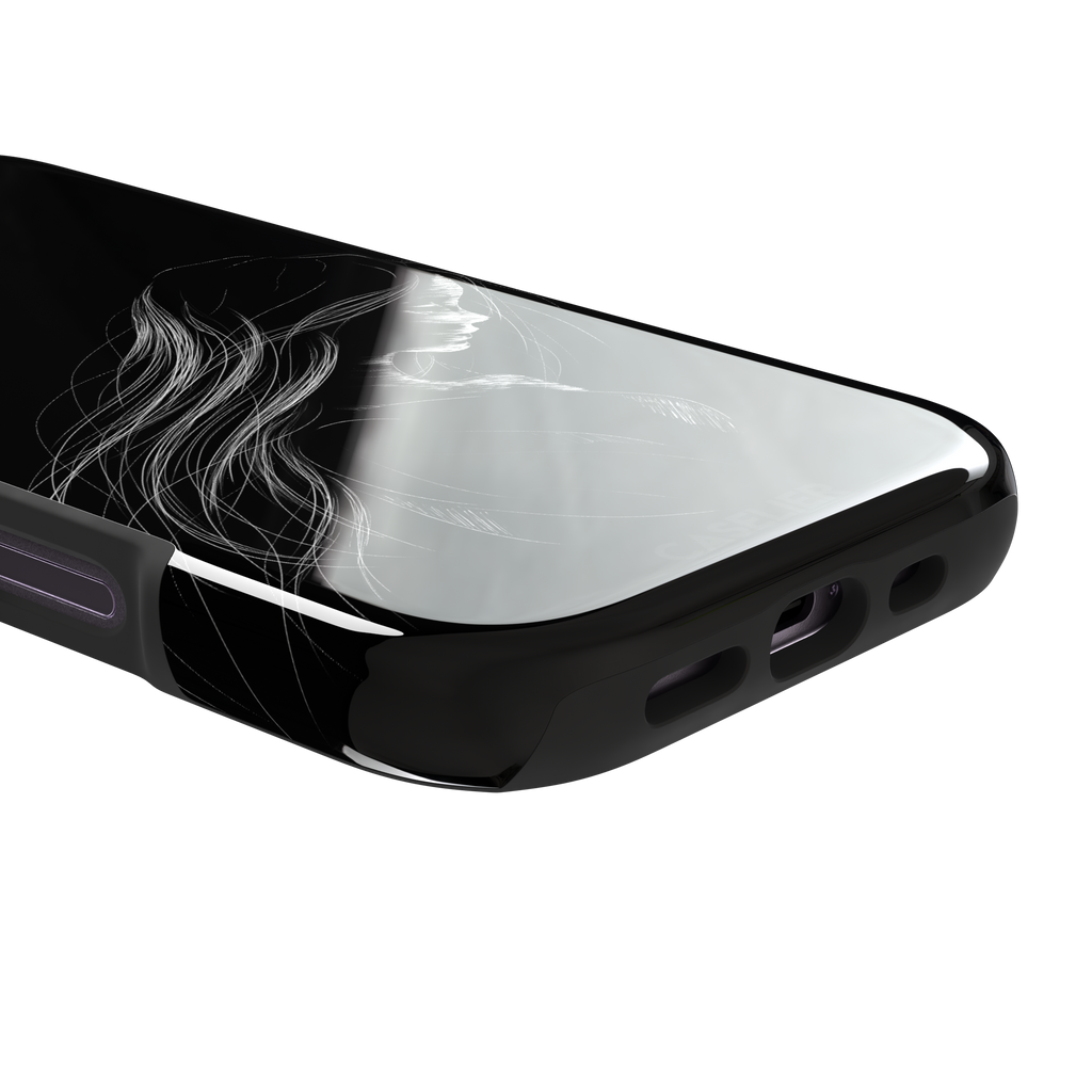 Black phone case with a delicate white line-art illustration of a woman with long flowing hair, head bowed in a contemplative pose, phone case by Caselier — tough case, charging port detail