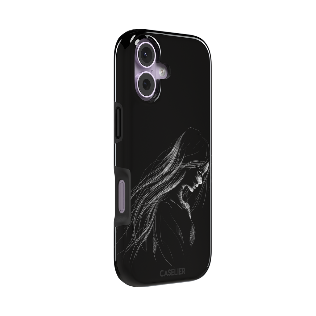 Black phone case with a delicate white line-art illustration of a woman with long flowing hair, head bowed in a contemplative pose, phone case by Caselier — tough case, left view