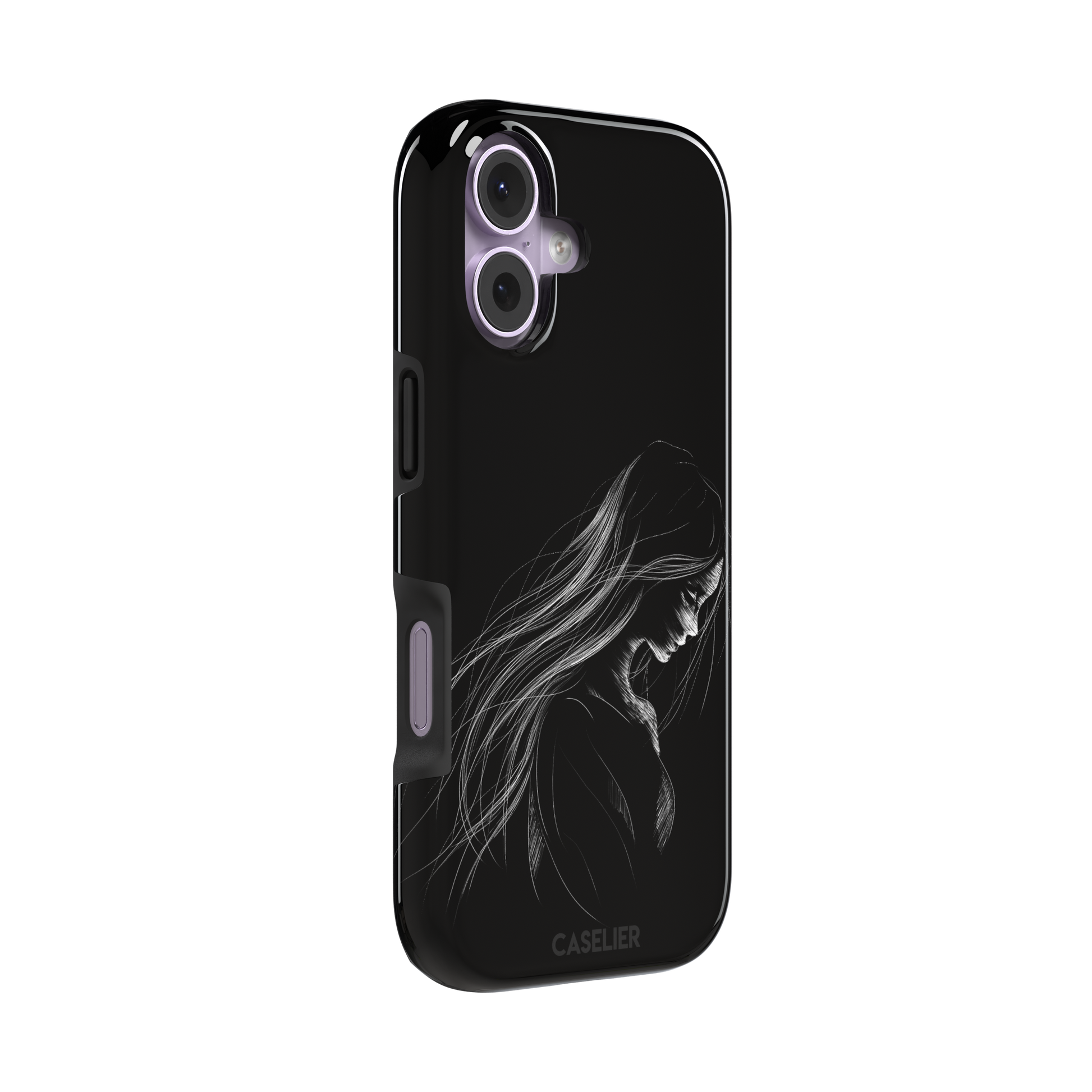 Black phone case with a delicate white line-art illustration of a woman with long flowing hair, head bowed in a contemplative pose, phone case by Caselier — tough case, left view