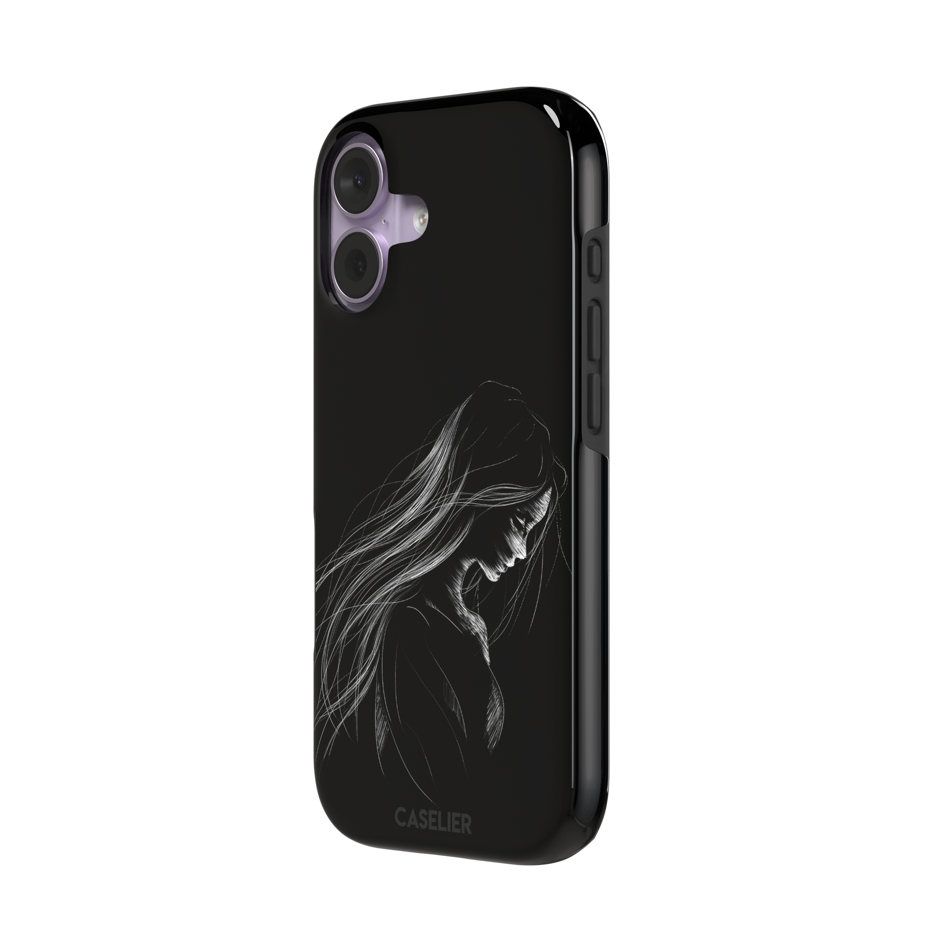 Black phone case with a delicate white line-art illustration of a woman with long flowing hair, head bowed in a contemplative pose, phone case by Caselier — tough case, right view