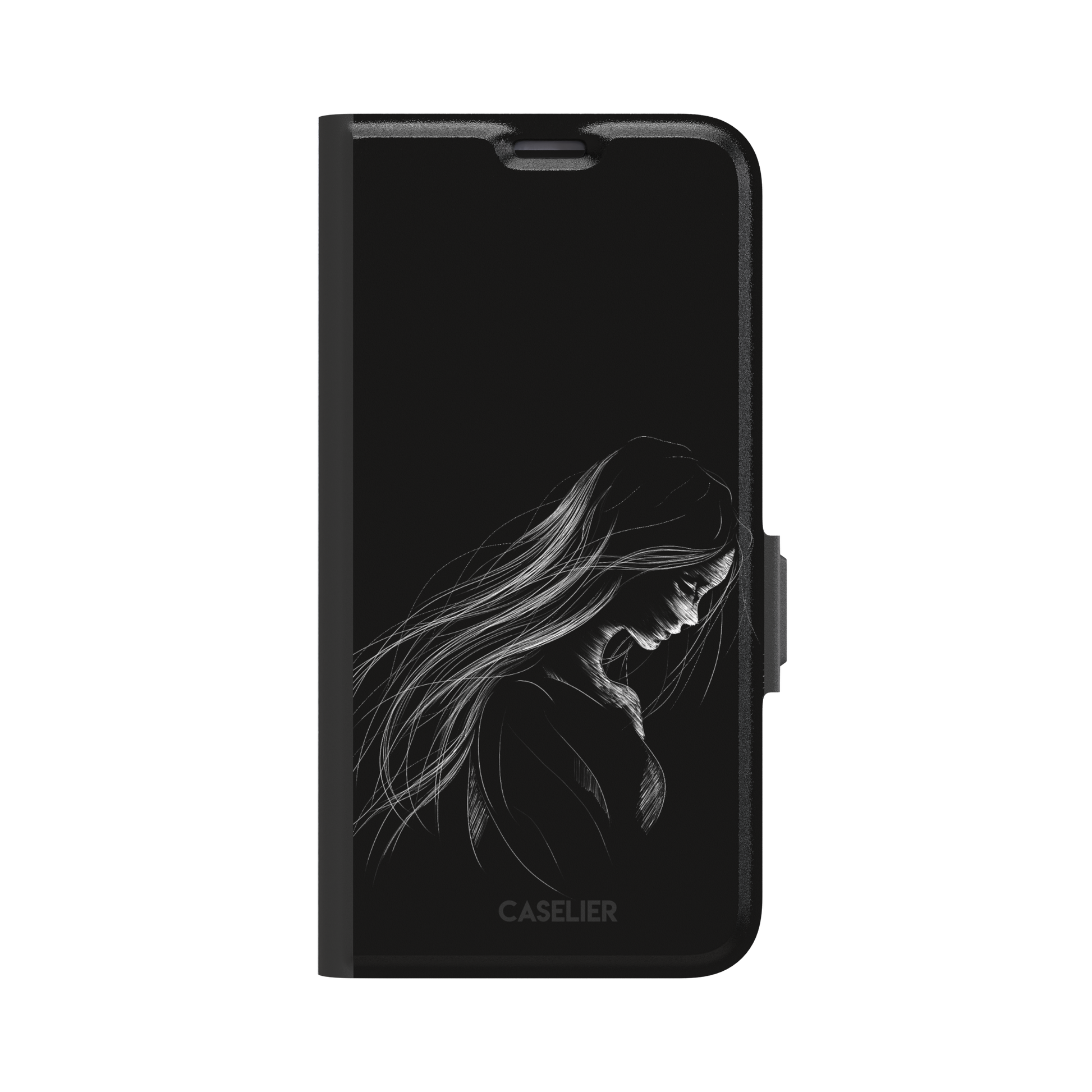Black phone case with a delicate white line-art illustration of a woman with long flowing hair, head bowed in a contemplative pose, phone case by Caselier — wallet case, front view