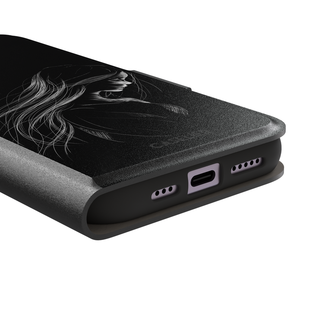 Black phone case with a delicate white line-art illustration of a woman with long flowing hair, head bowed in a contemplative pose, phone case by Caselier — wallet case, charging port detail