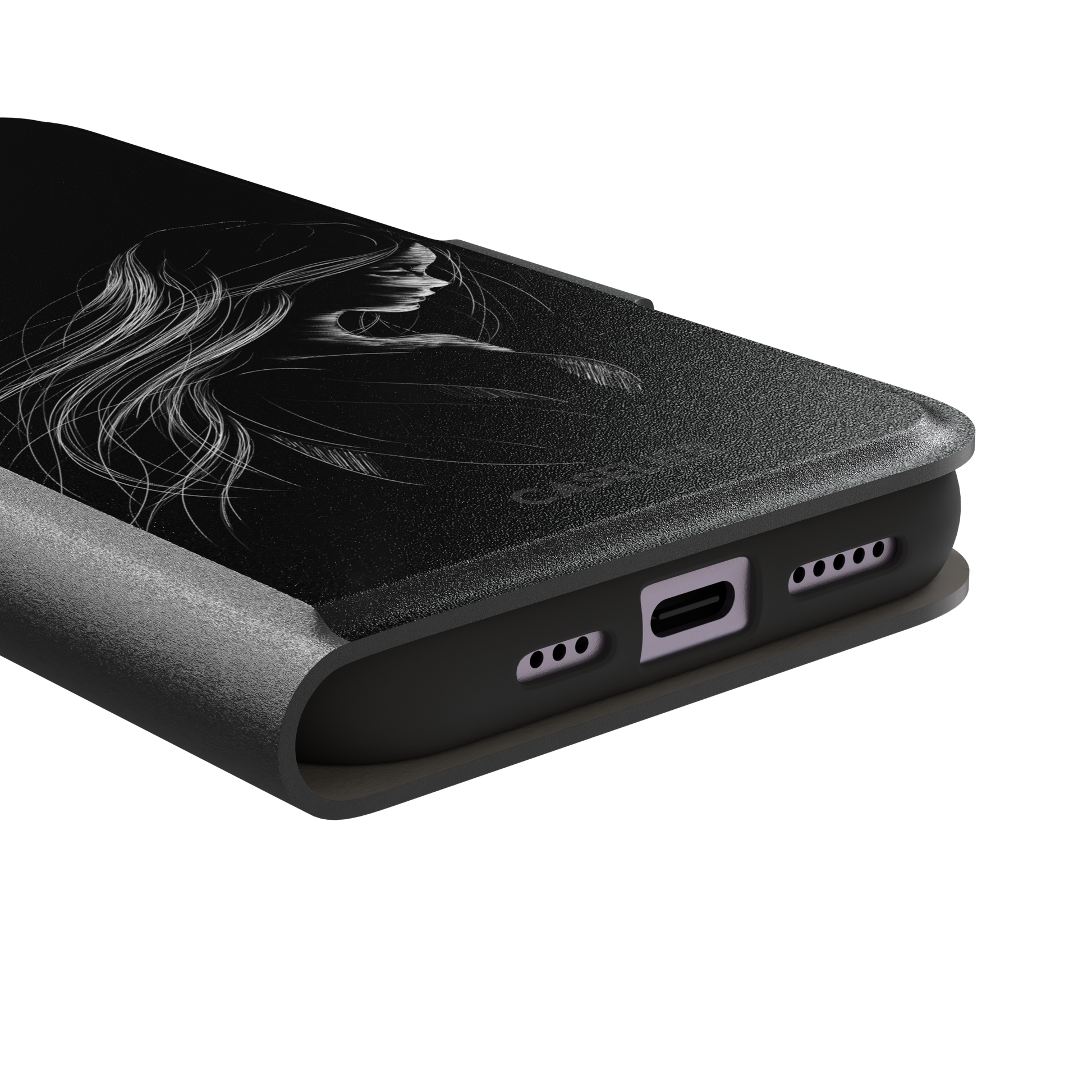 Black phone case with a delicate white line-art illustration of a woman with long flowing hair, head bowed in a contemplative pose, phone case by Caselier — wallet case, charging port detail