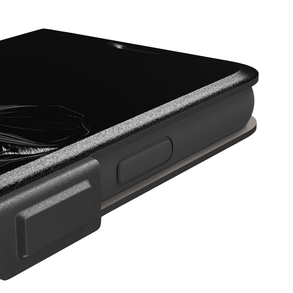 Black phone case with a delicate white line-art illustration of a woman with long flowing hair, head bowed in a contemplative pose, phone case by Caselier — wallet case, volume buttons detail