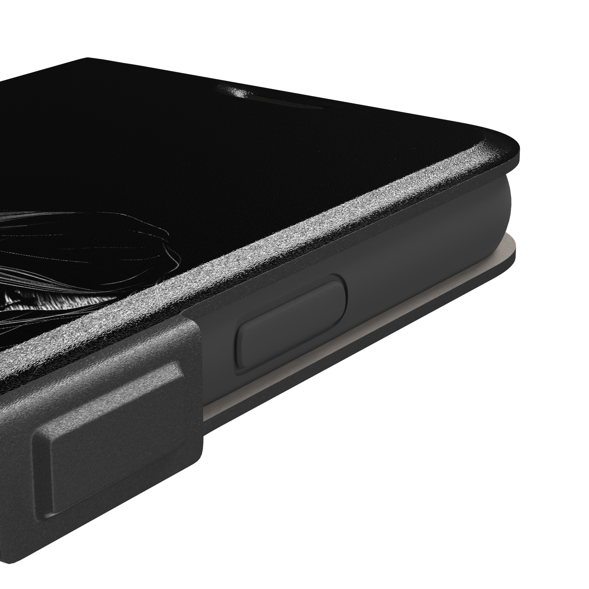 Black phone case with a delicate white line-art illustration of a woman with long flowing hair, head bowed in a contemplative pose, phone case by Caselier — wallet case, volume buttons detail