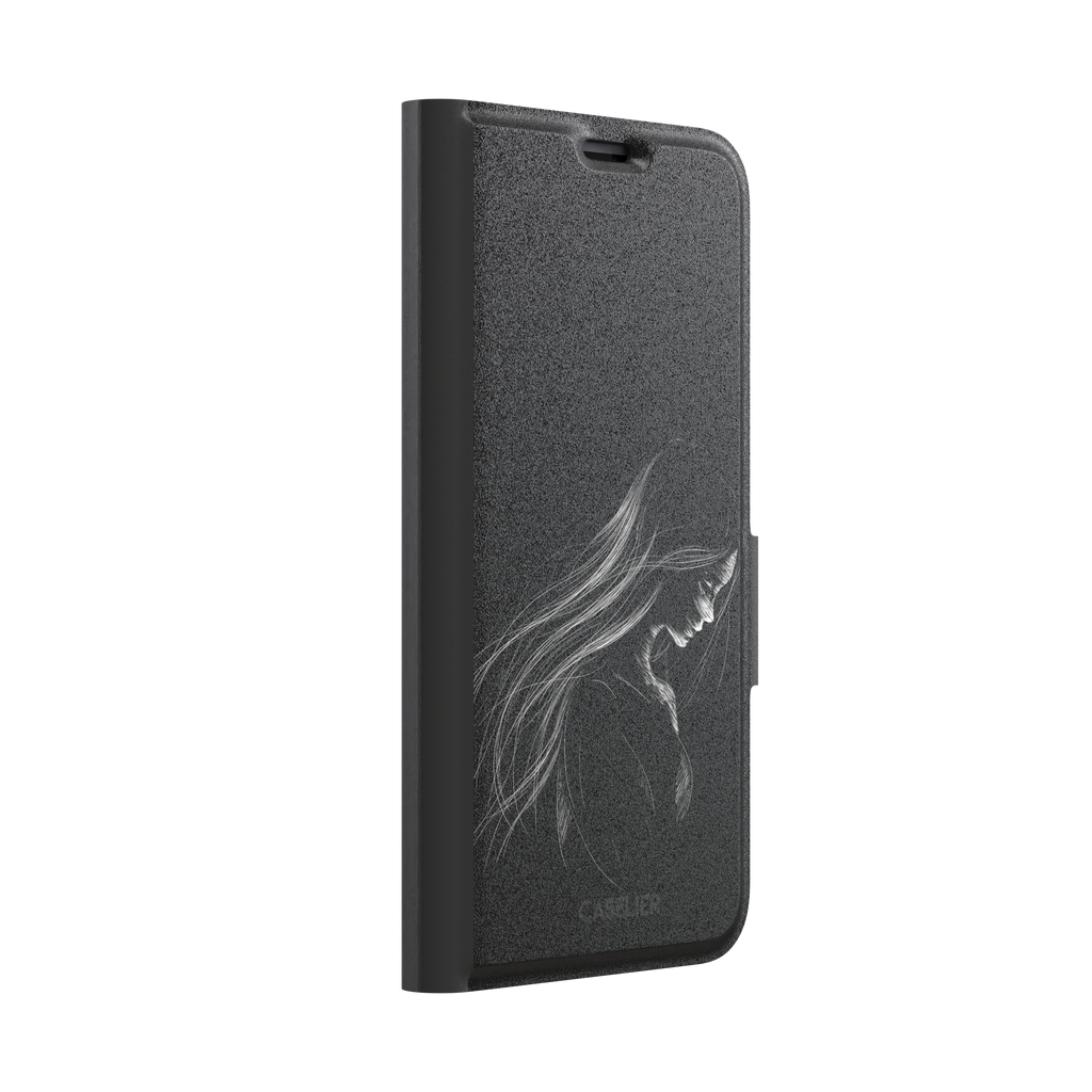 Black phone case with a delicate white line-art illustration of a woman with long flowing hair, head bowed in a contemplative pose, phone case by Caselier — wallet case, left view
