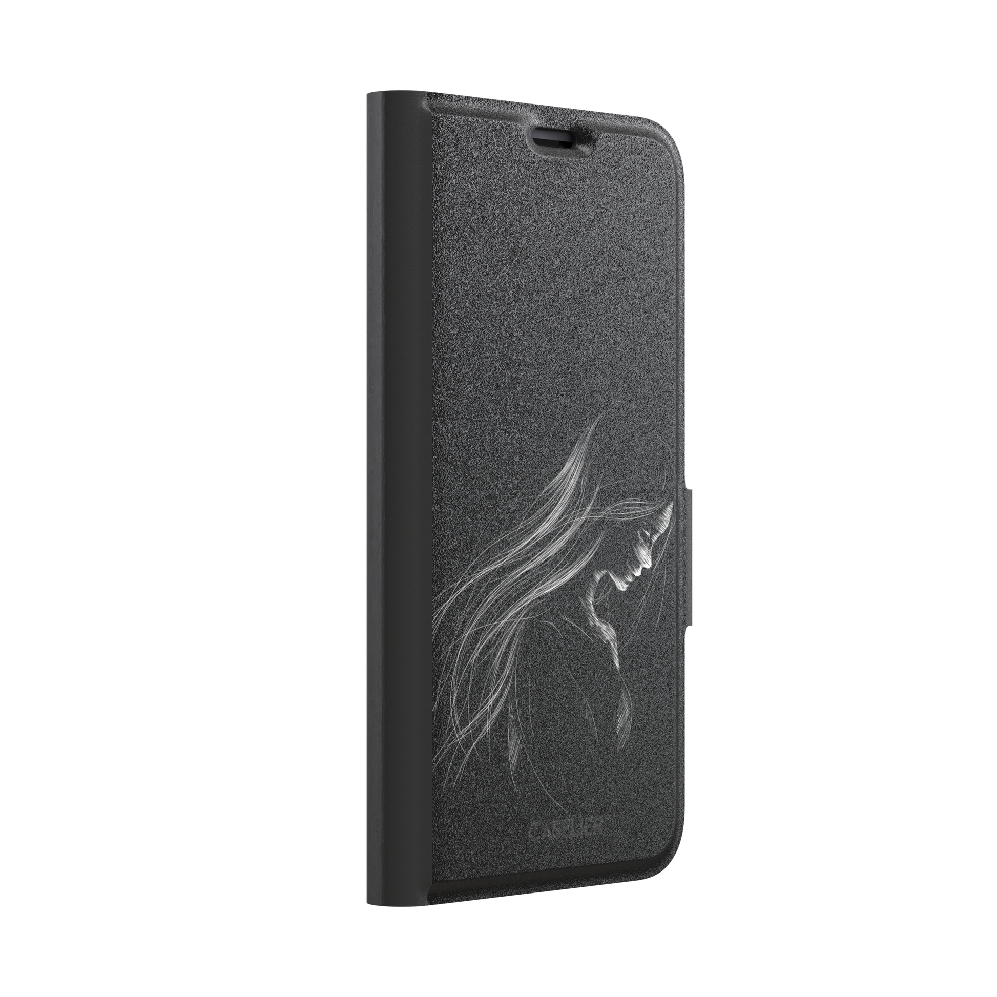 Black phone case with a delicate white line-art illustration of a woman with long flowing hair, head bowed in a contemplative pose, phone case by Caselier — wallet case, left view