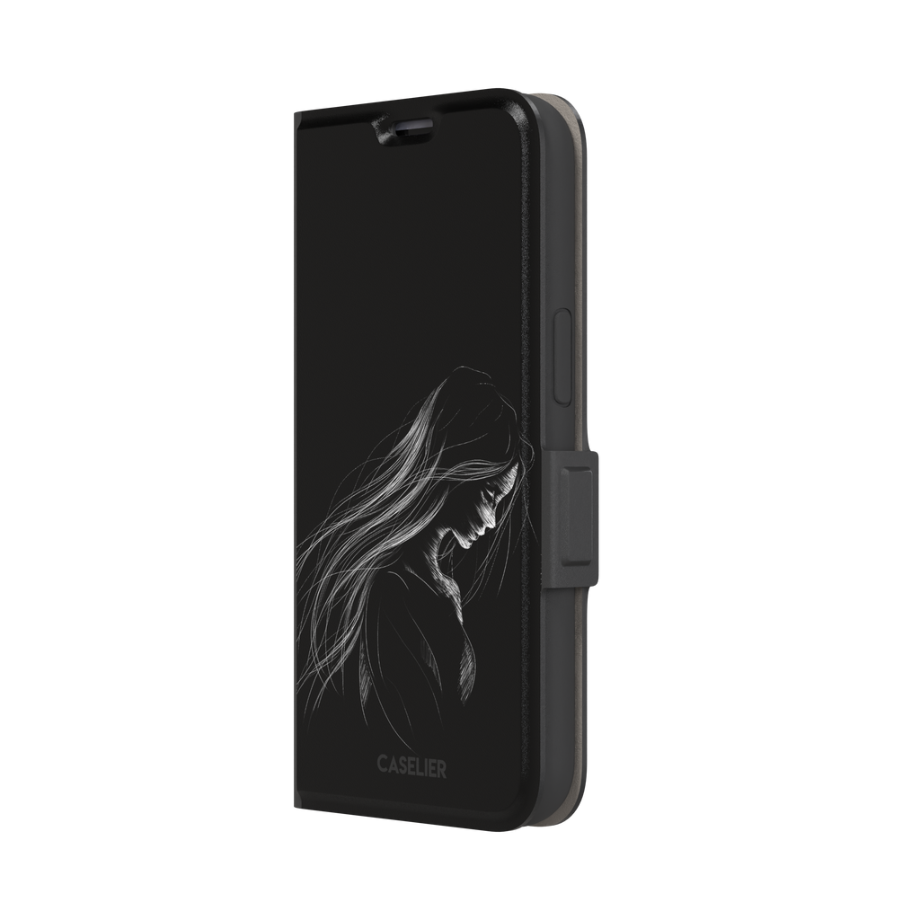 Black phone case with a delicate white line-art illustration of a woman with long flowing hair, head bowed in a contemplative pose, phone case by Caselier — wallet case, right view