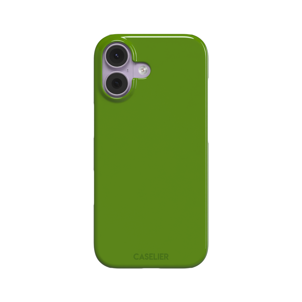 Solid chartreuse green phone case with smooth matte finish, front view on iPhone, phone case by Caselier — snap case, front view