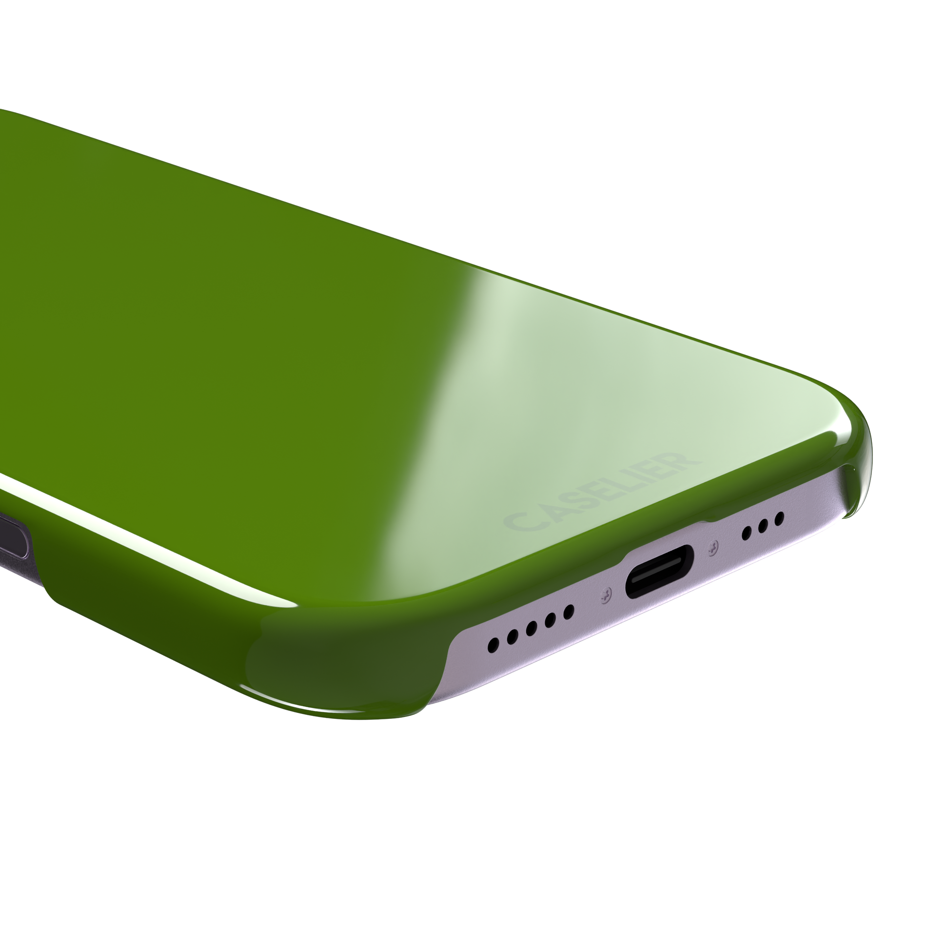 Solid chartreuse green phone case with smooth matte finish, front view on iPhone, phone case by Caselier — snap case, charging port detail