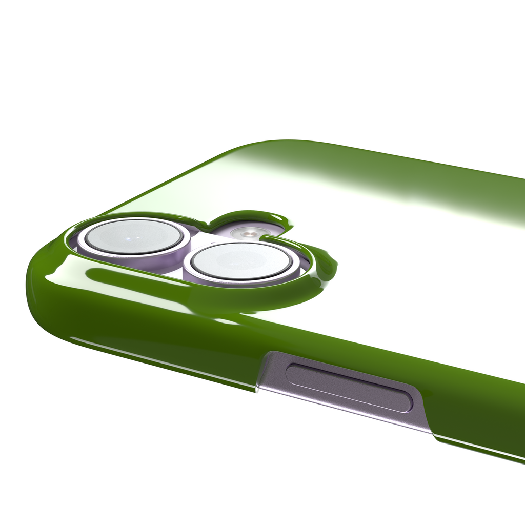 Solid chartreuse green phone case with smooth matte finish, front view on iPhone, phone case by Caselier — snap case, volume buttons detail