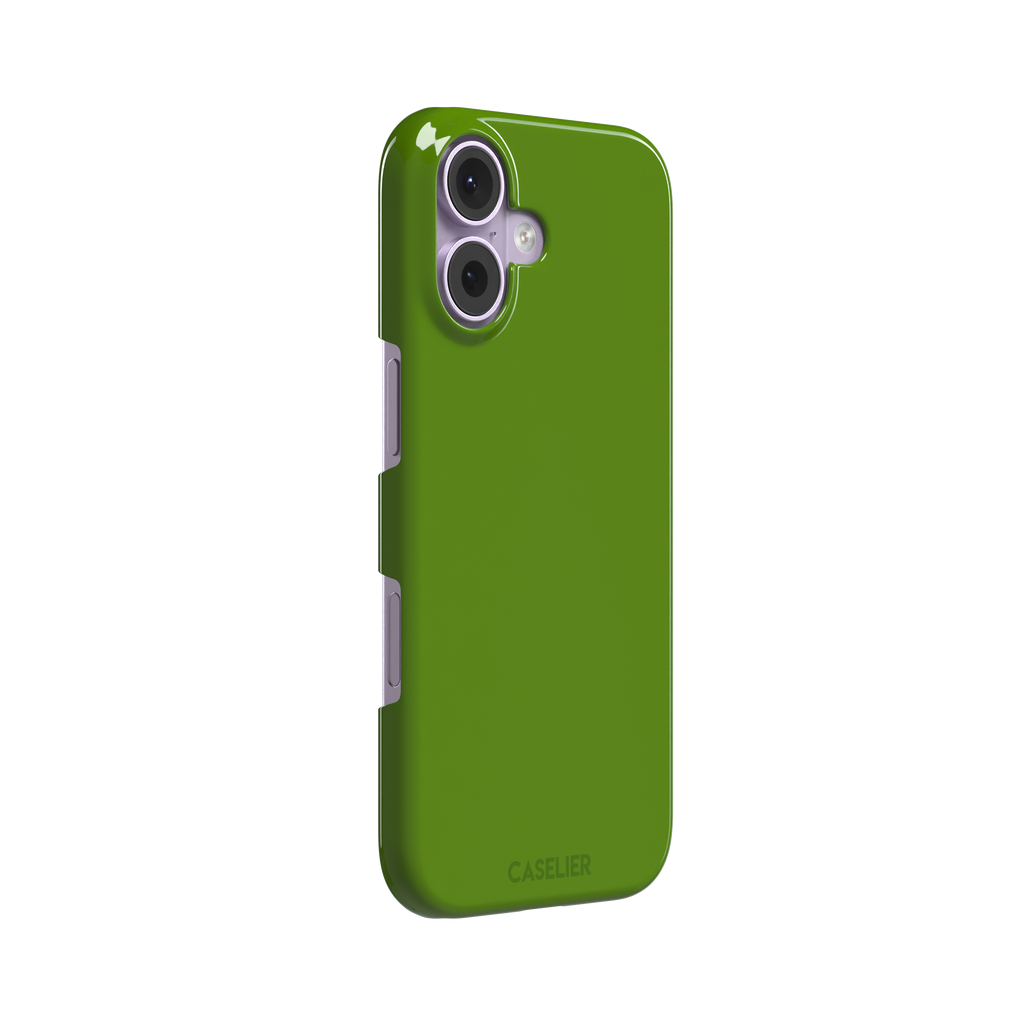 Solid chartreuse green phone case with smooth matte finish, front view on iPhone, phone case by Caselier — snap case, left view