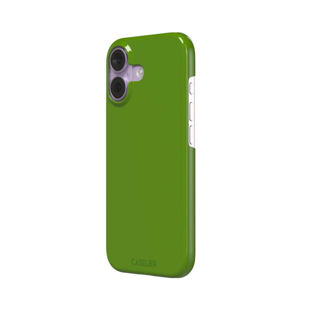 Solid chartreuse green phone case with smooth matte finish, front view on iPhone, phone case by Caselier — snap case, right view