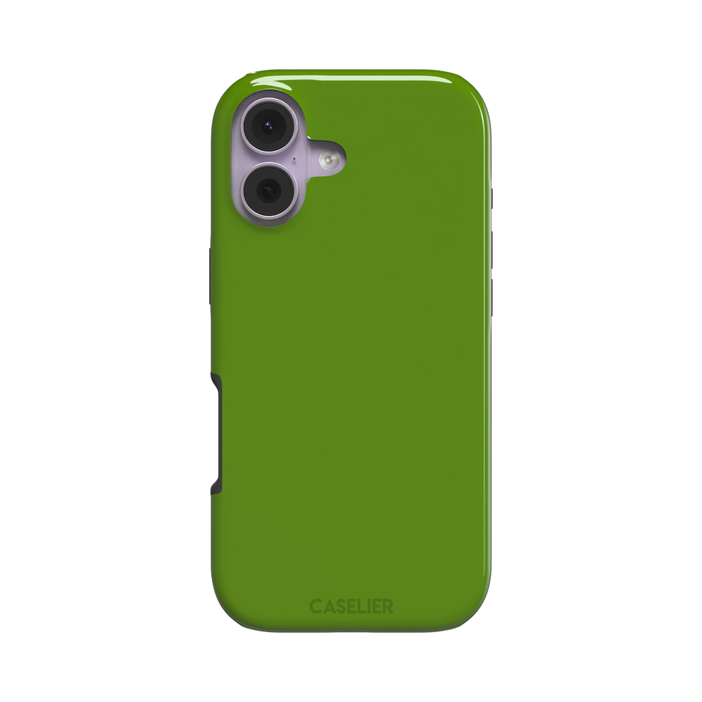 Solid chartreuse green phone case with smooth matte finish, front view on iPhone, phone case by Caselier — tough case, front view