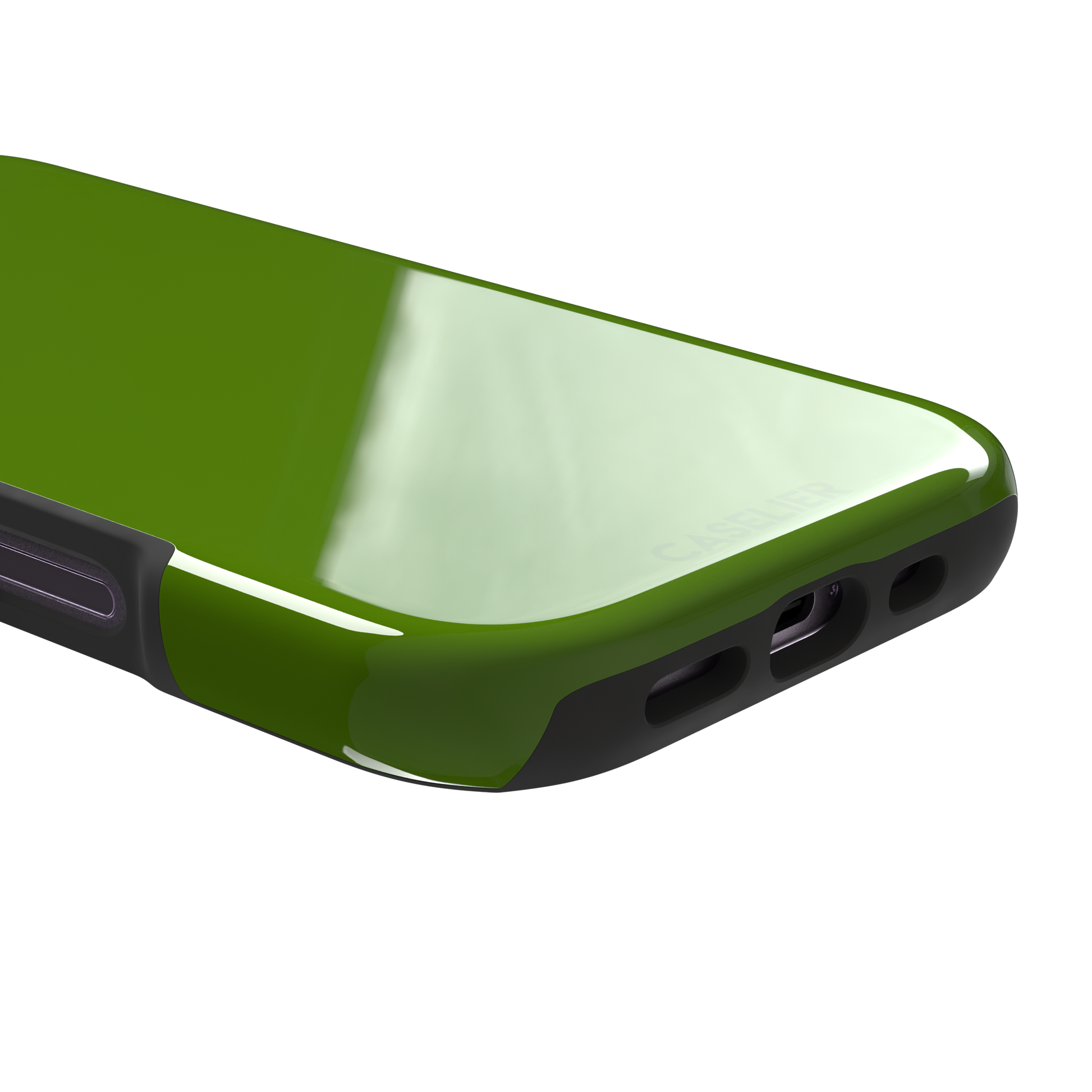 Solid chartreuse green phone case with smooth matte finish, front view on iPhone, phone case by Caselier — tough case, charging port detail