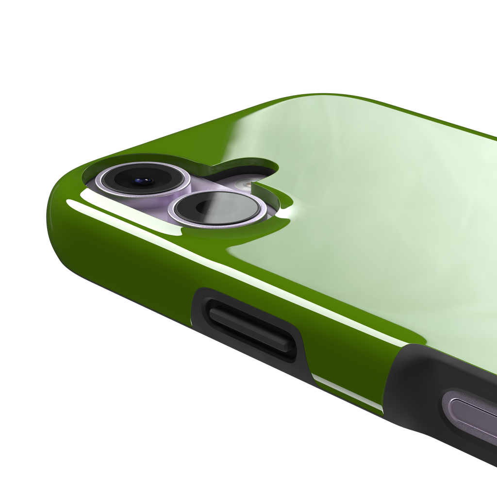 Solid chartreuse green phone case with smooth matte finish, front view on iPhone, phone case by Caselier — tough case, volume buttons detail
