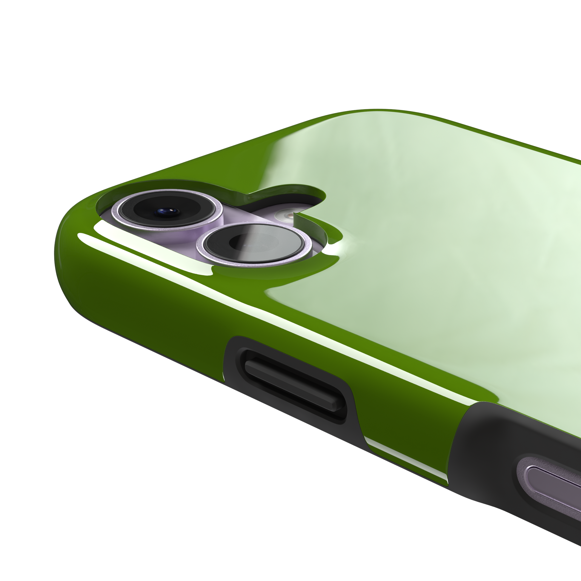 Solid chartreuse green phone case with smooth matte finish, front view on iPhone, phone case by Caselier — tough case, volume buttons detail